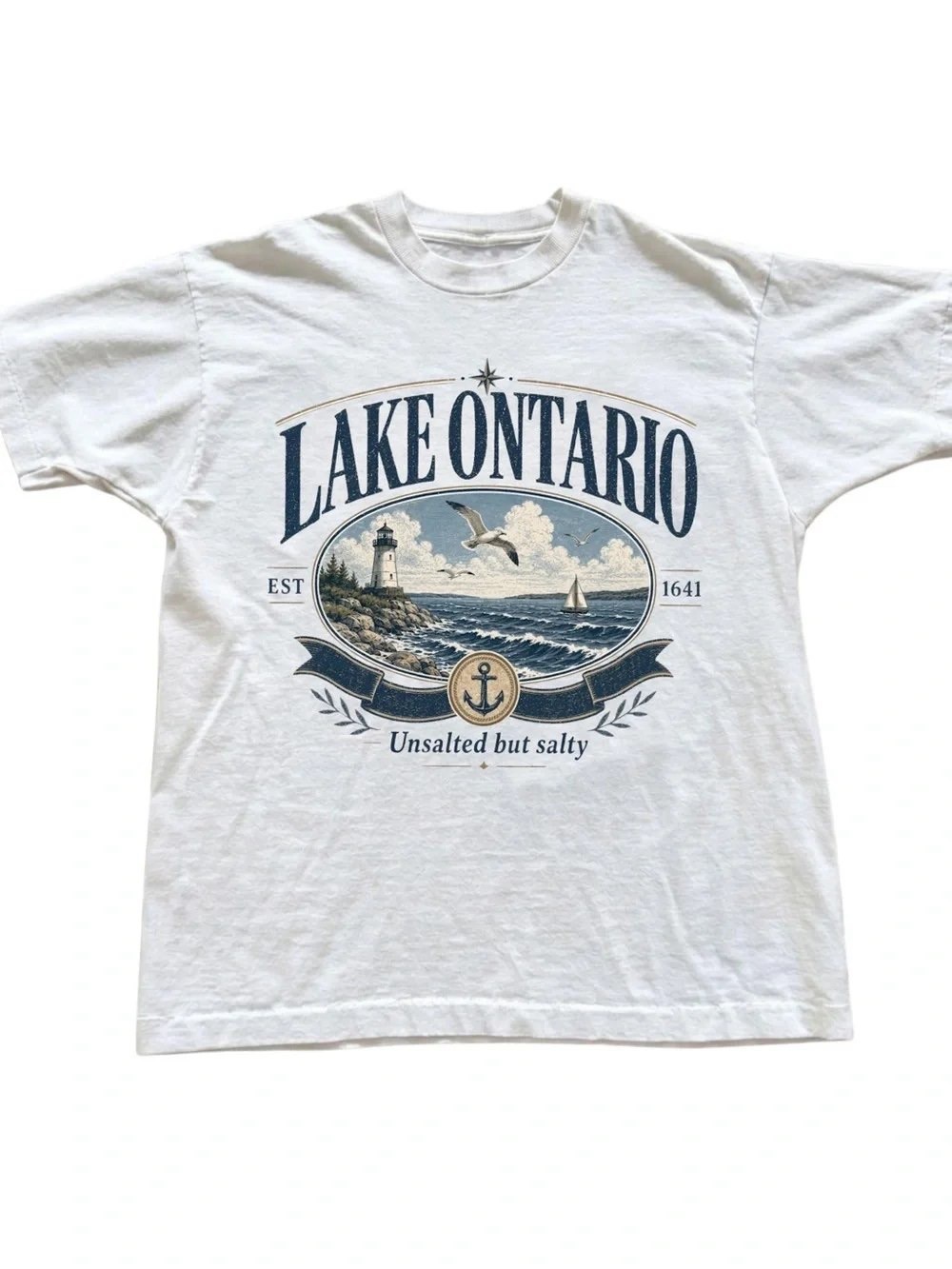 White Lake Ontario Graphic Tee with Blue Nautical Print